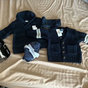 Sweater/sneaker bundle. Navy Jordans baby size 1. Navy sweaters 0-3 & 3-6 months